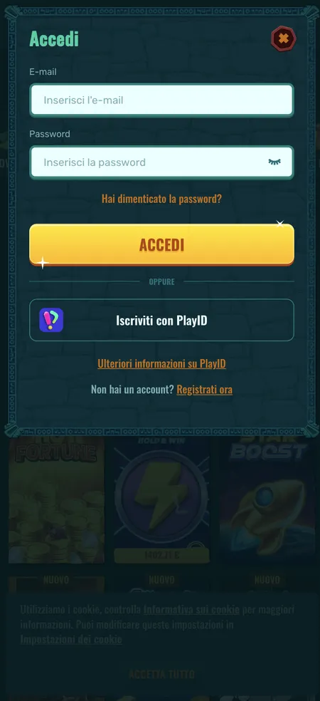 Form di accesso Spinanga Casino con campi email e password