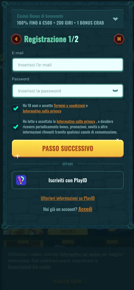 Primo step registrazione Spinanga Casino con banner bonus 500 euro
